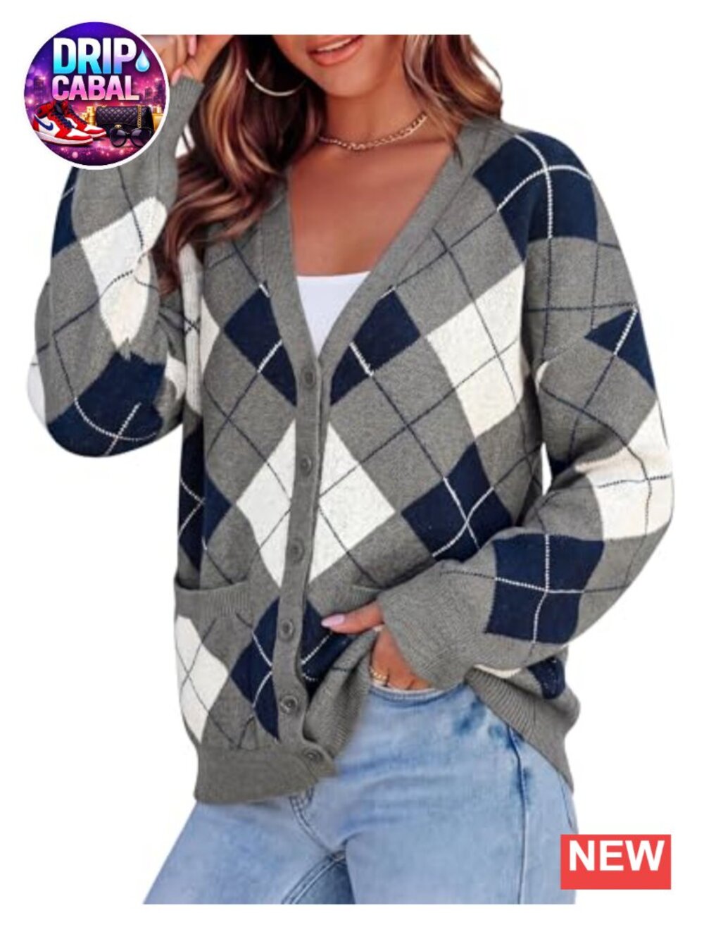 Women's Argyle Chunky Knit Button Up Long Sleeve Cardigan